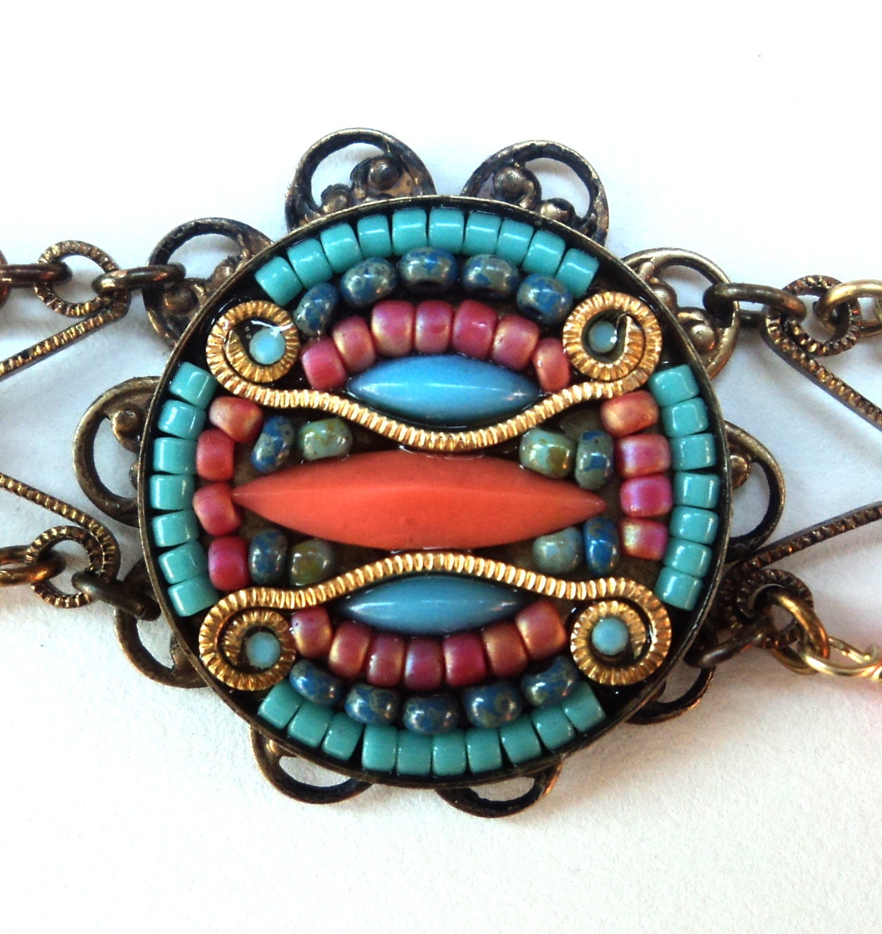 Bracelet, Coral, Neon, Tribal, Beadwork, Mosaic, Turquoise