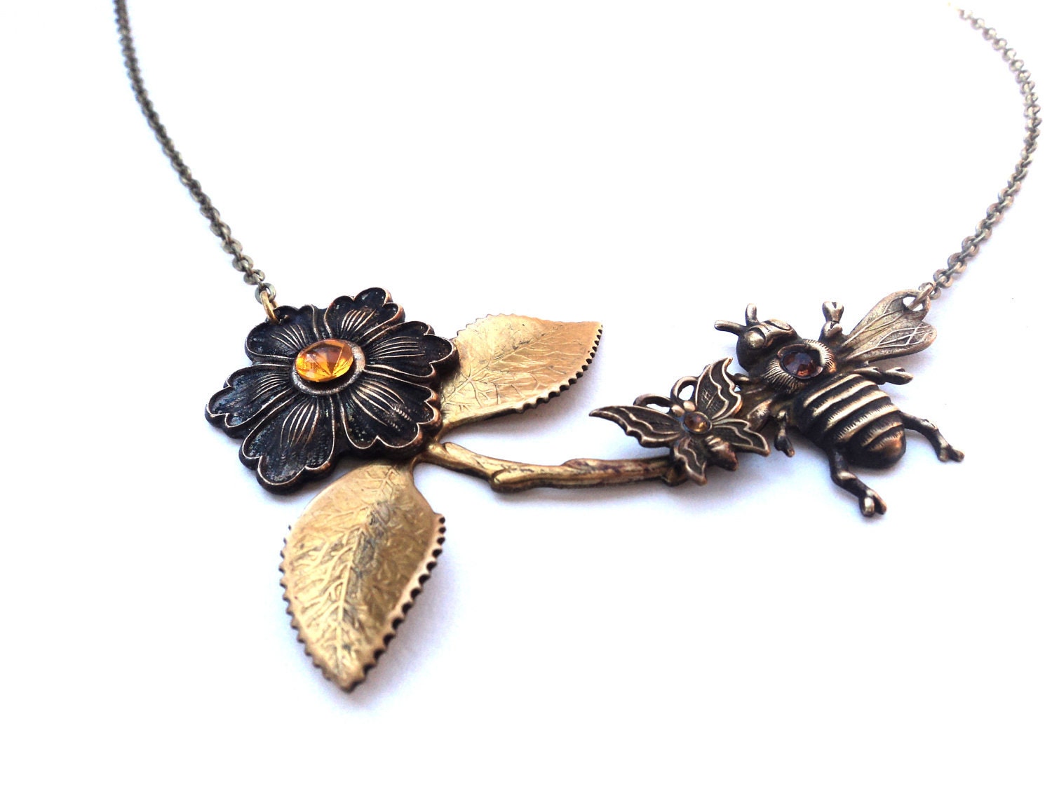Necklace, Bee, Flower, Collage, Copper, Topaz, Butterfly