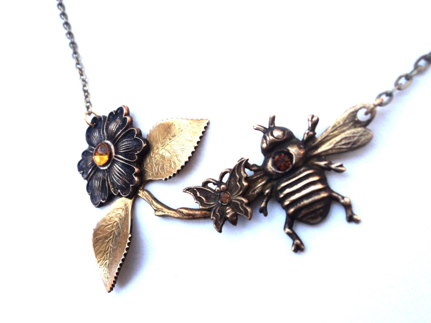 Necklace, Bee, Flower, Collage, Copper, Topaz, Butterfly