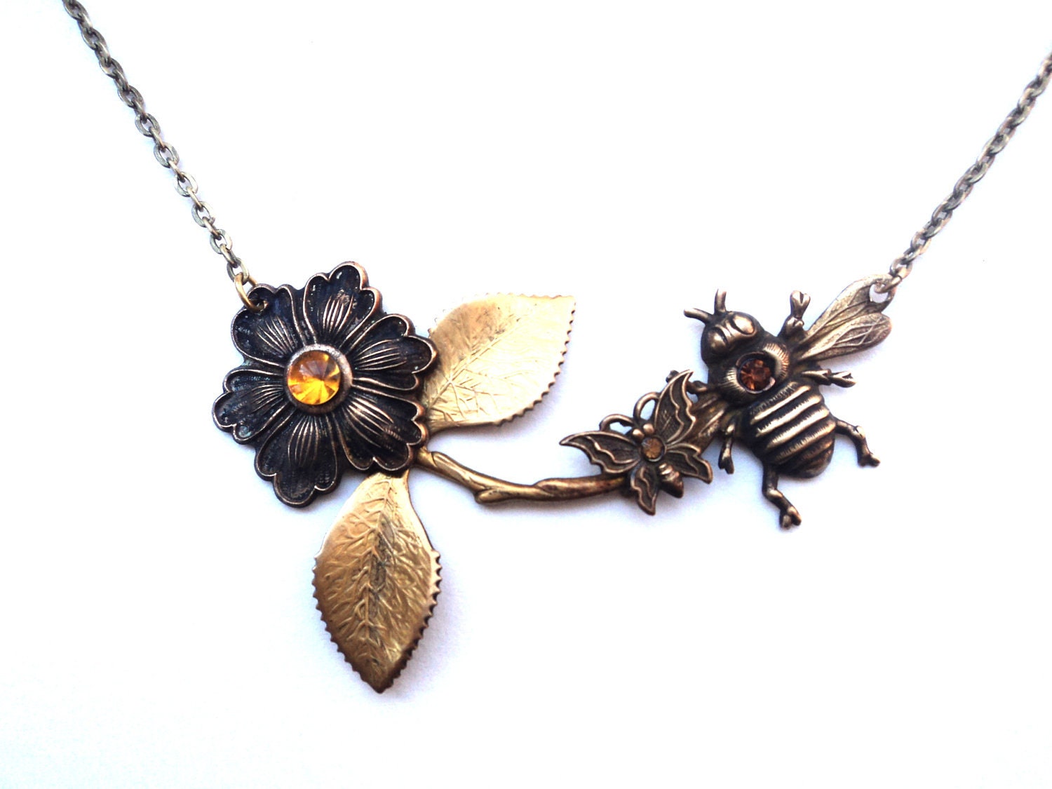 Necklace, Bee, Flower, Collage, Copper, Topaz, Butterfly