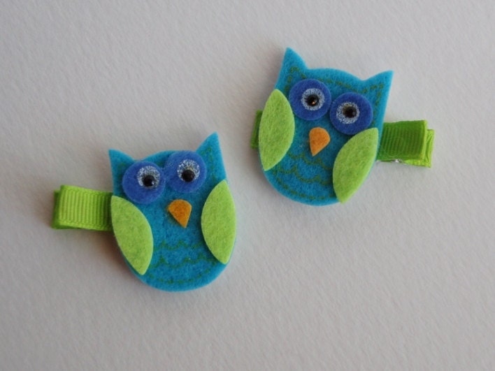 Set of 2 Turquoise Blue and Lime Green Owl Hairclips