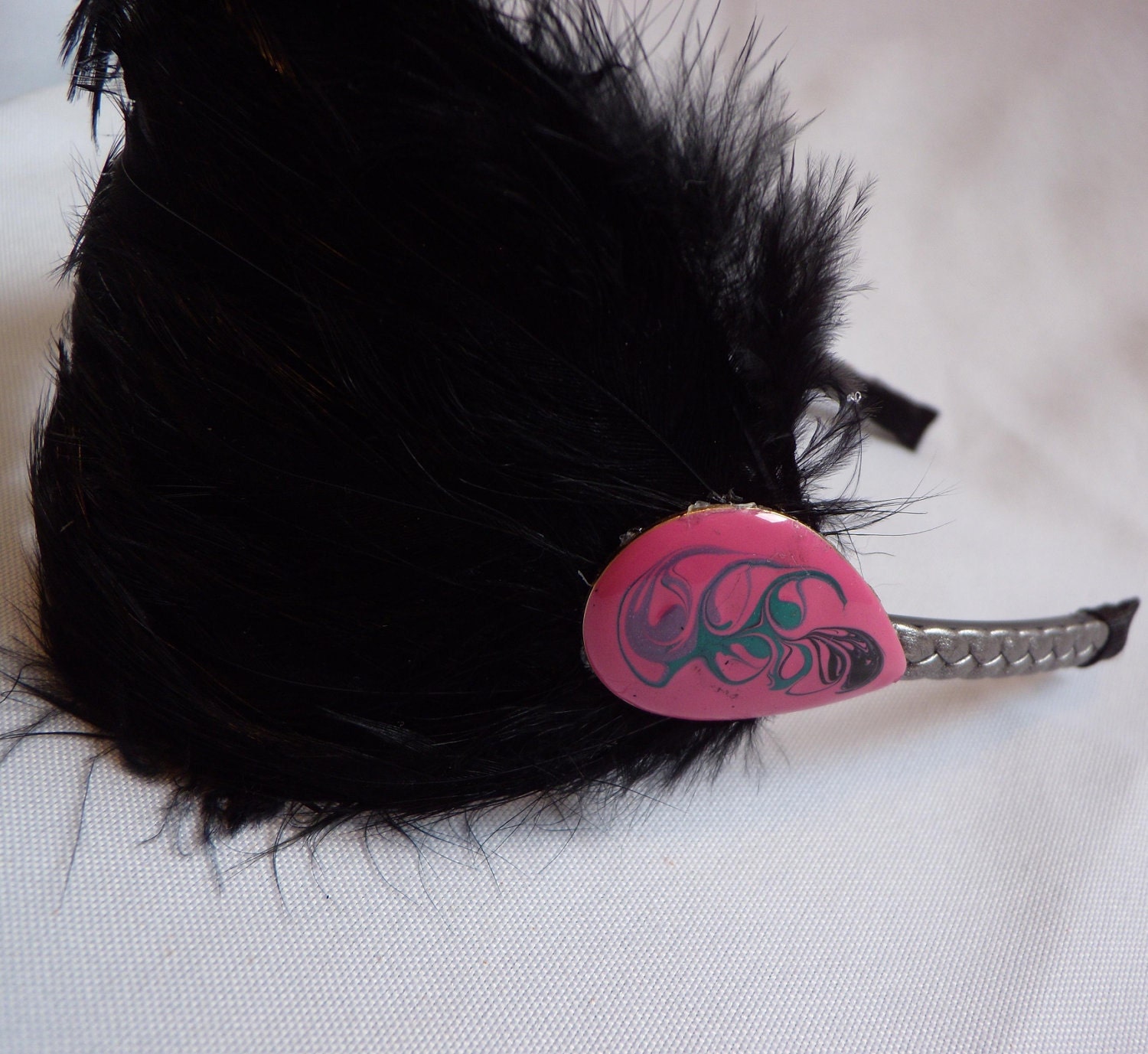 50% off LIQUIDATION SALE Black Hackle Headband with Pink Blue Pendant