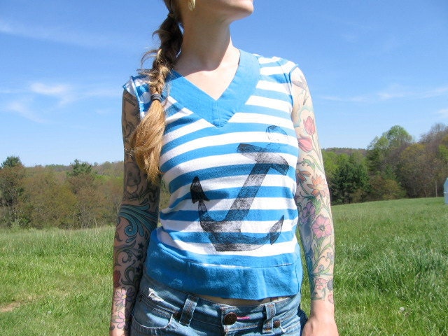Upcycled Striped Tshirt  - Graphic Tee Print Black Anchor - Nautical Stripes