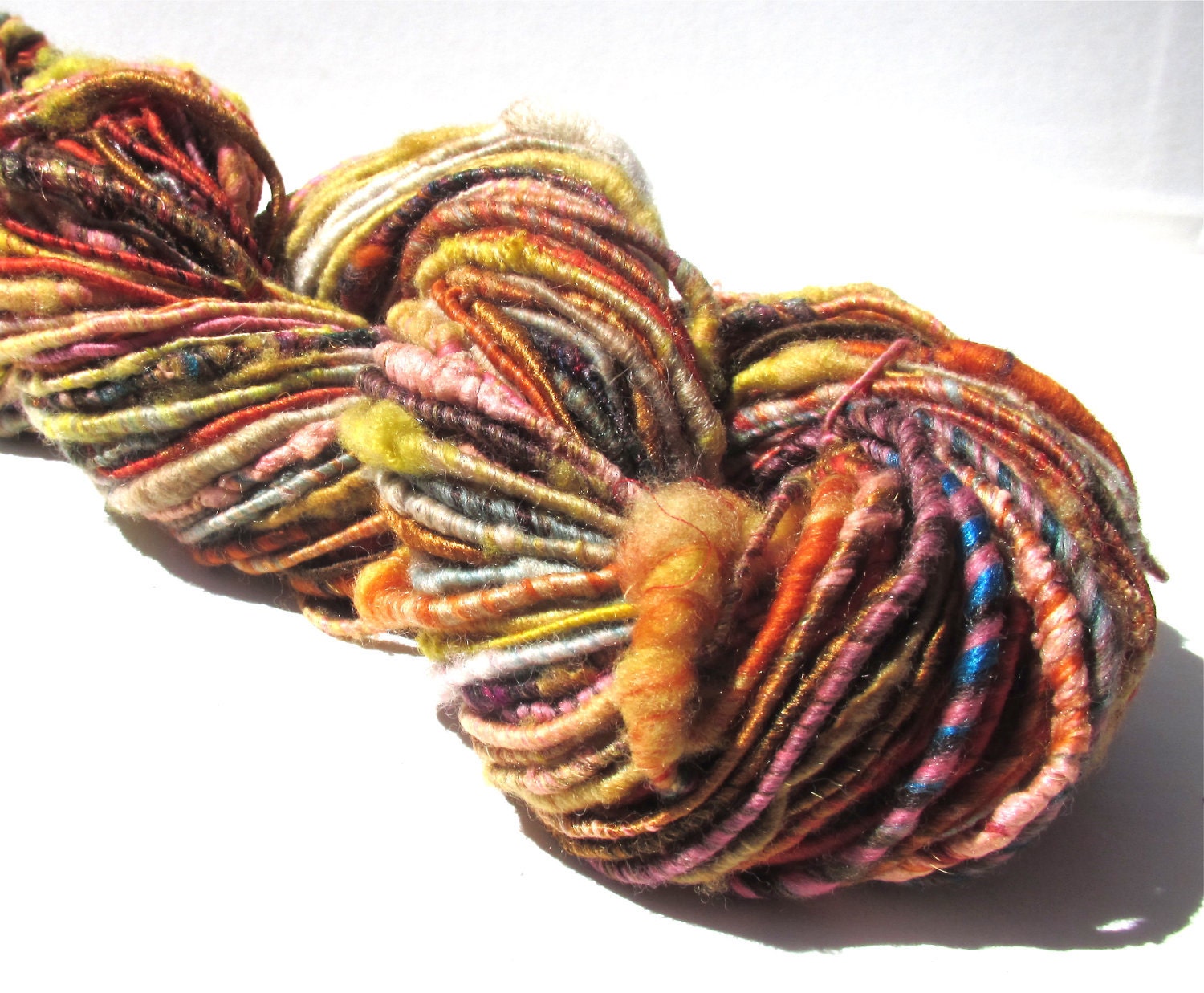 Corespun Art Yarn- Saffron 101 yds Luxury Wool, Silk, Bamboo, Camel, and Sparkle