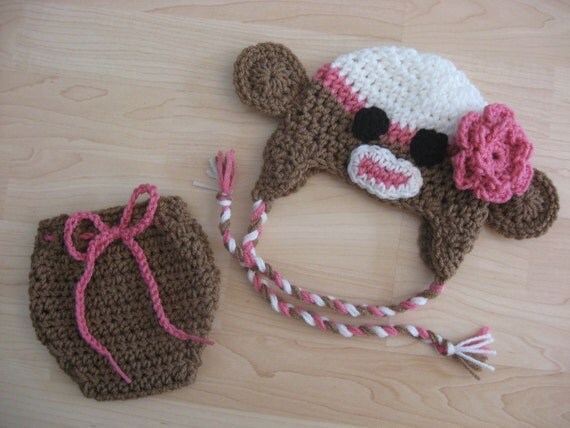 Crochet Baby Girl Sock Monkey Hat Cap & by monkeysandbananas