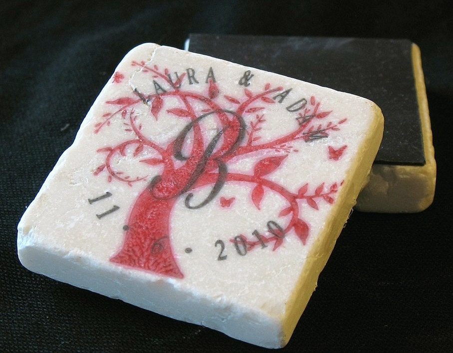 Monogram Autumn Tree Wedding Favor Magnets, Dark Red, Set of 25