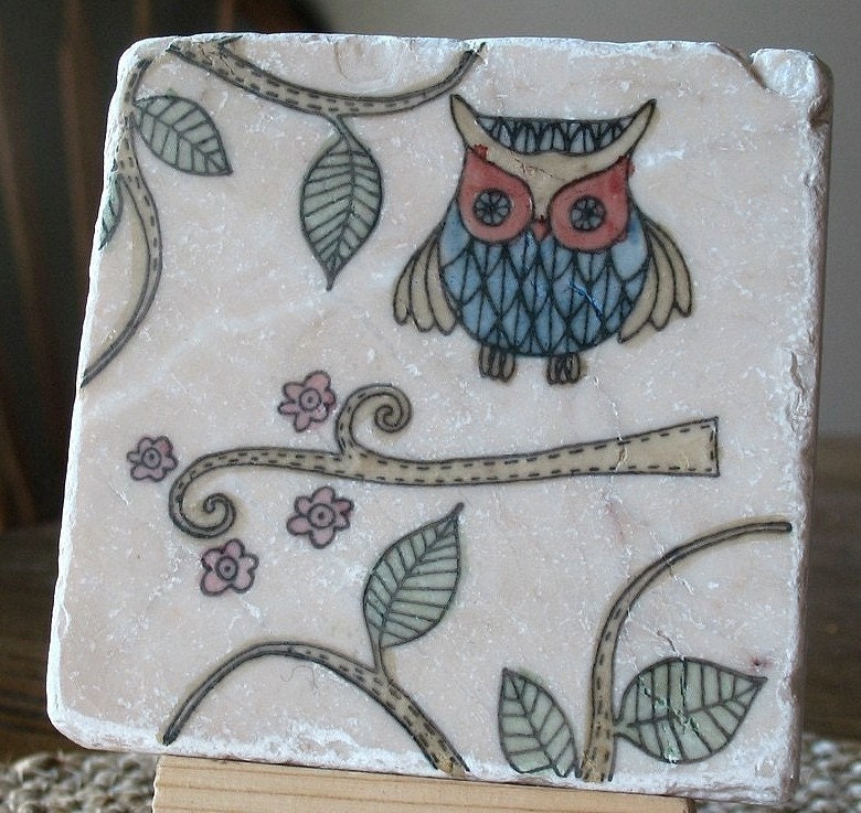 Absorbent Tile Coasters, Otis the Owl, Set of 4
