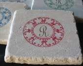 Monogram Coasters, Red Fleur de Lis Circular, Set of 4