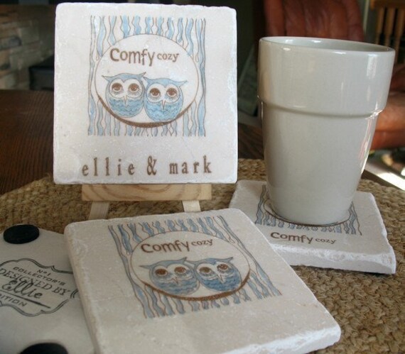 Comfy Cozy Owl Absorbent Tile Coasters, Set of 4, Personalization Available