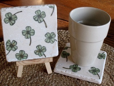 Lucky Green Irish Shamrock Absorbent Tile Coasters, Set of 4
