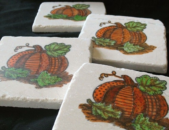 Patchwork Pumpkin Tile Coasters, Set of 4, Ready to Ship