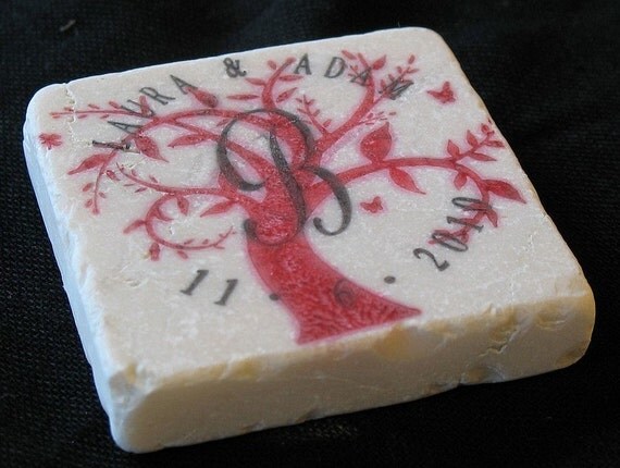 Monogram Autumn Tree Wedding Favor Magnets, Dark Red, Set of 25