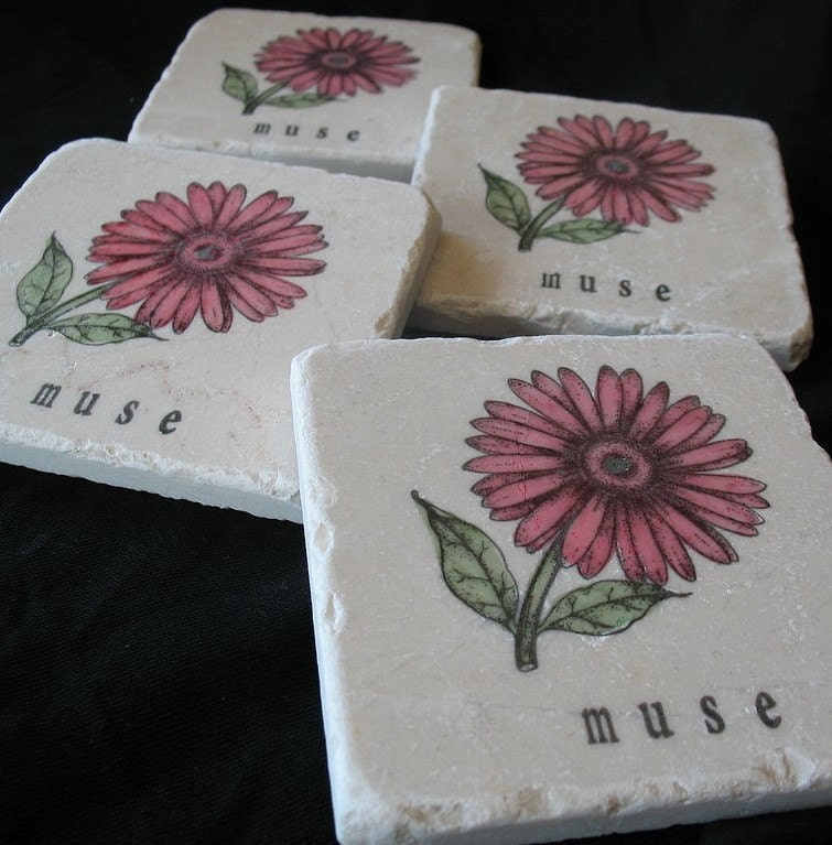 Personalized Pink Gerbera Daisy Coasters, Set of 4