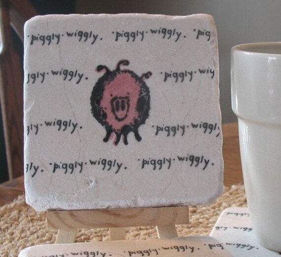 Piggly Wiggly Pink Pig Absorbent Tile Coasters, Set of 4, Ready to Ship