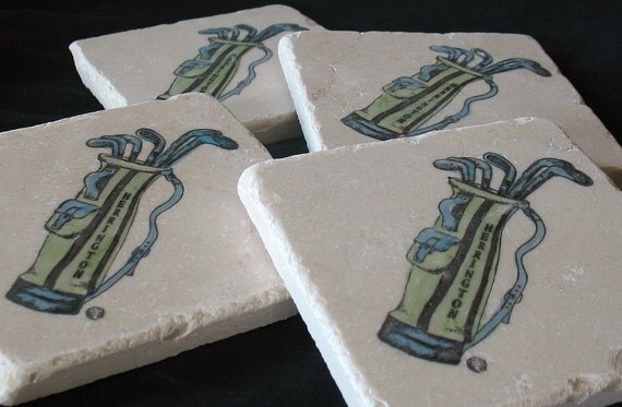 Personalized Golf Bag Tile Coasters, Set of 4