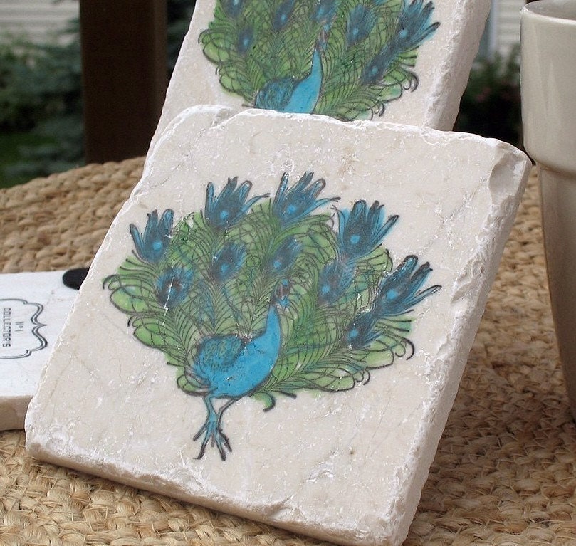 Peacock Coasters, Set of 4, Ready to Ship