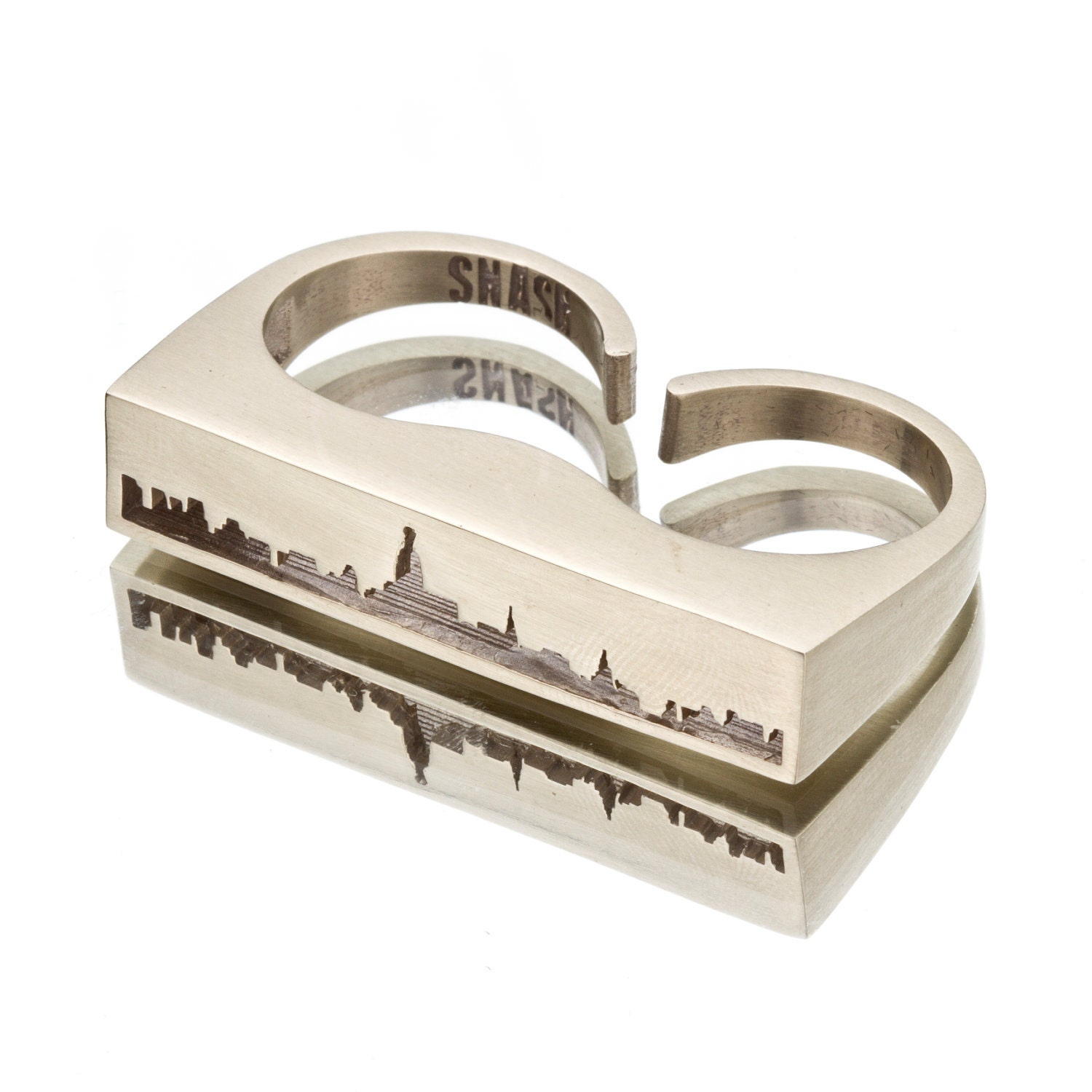New York City SKYLINE OUTLINE Ring - White Bronze NYC Unisex Double Finger