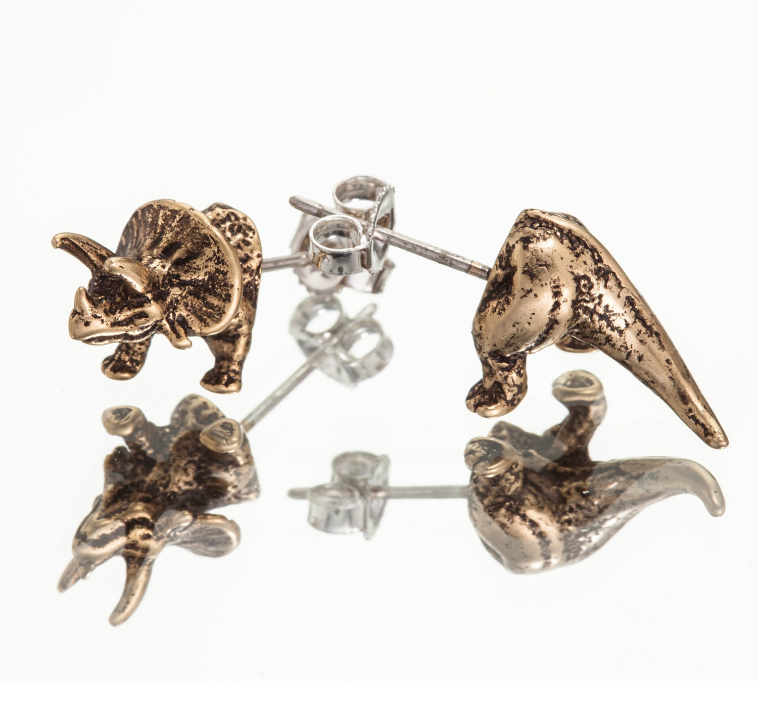 TRICERETOPS HALFSIES - Dinosaur Stud Earrings in Antique Gold