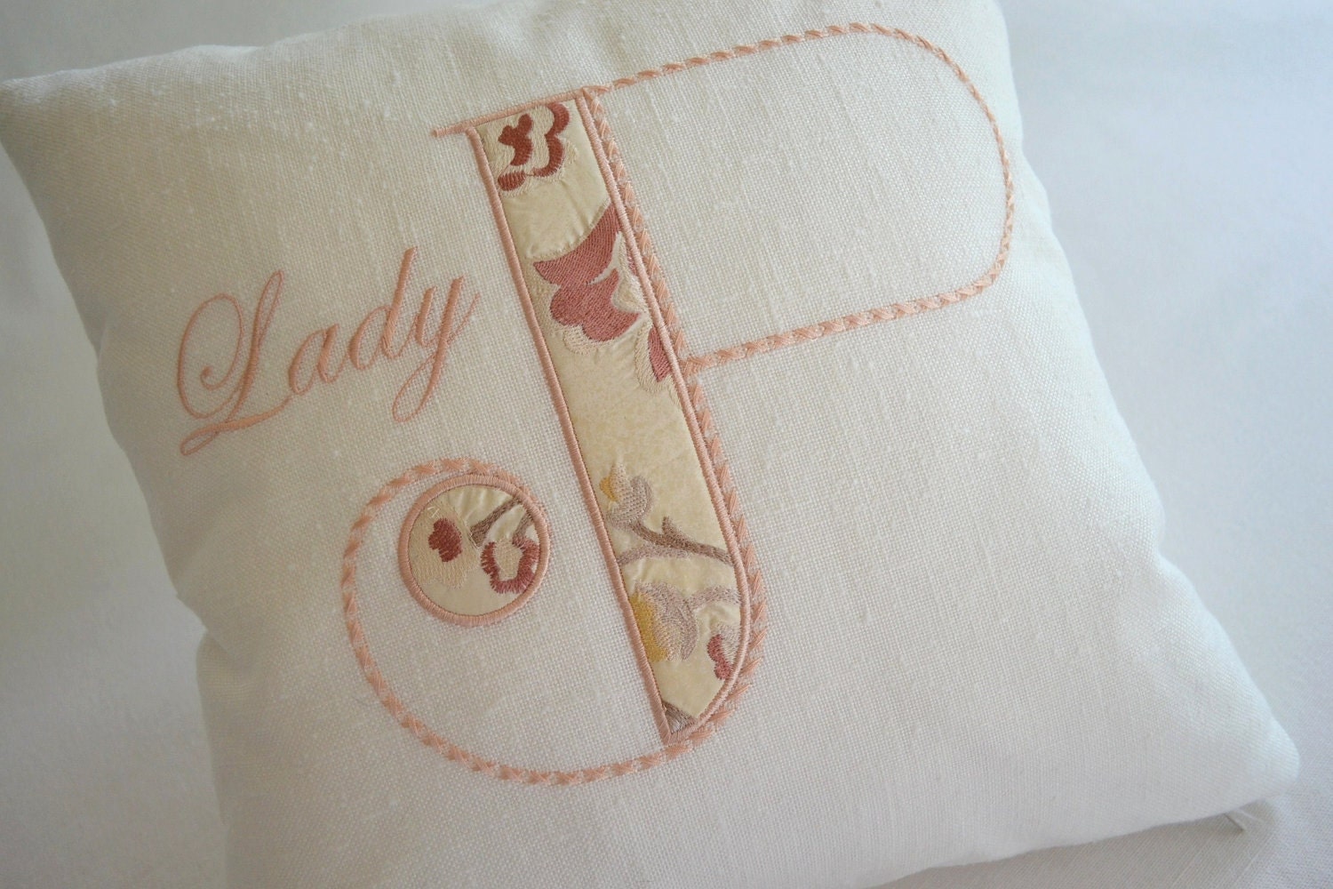 Custom Designed Monogram Embroidered Linen Pillow with Floral Appliqué