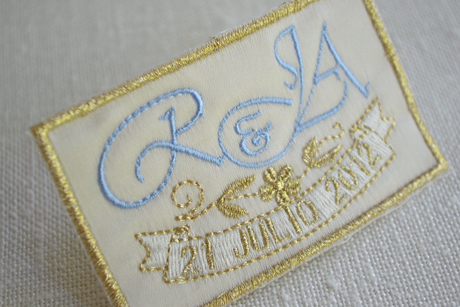 Custom Embroidered Wedding Dress Label French Silk Satin, Light blue with Gold Thread