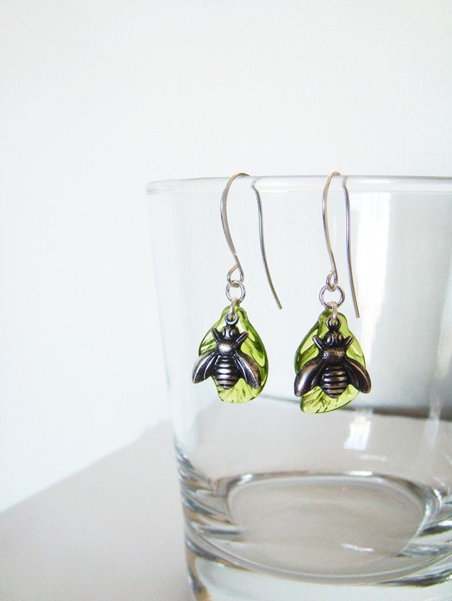 Spring Leaf Earrings - Green Czech Glass and Silver Honey Bees