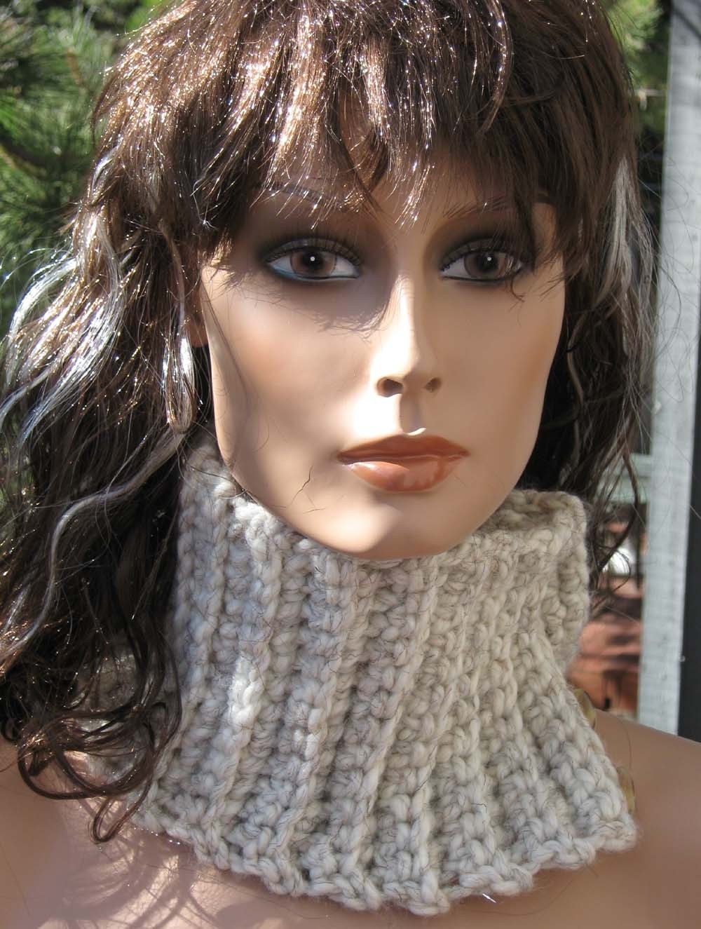 Ecru/Cream/Natural Colored Ribbed Neckwarmer/Cowl/Scarflette Chunky Crocheted Wool Blend