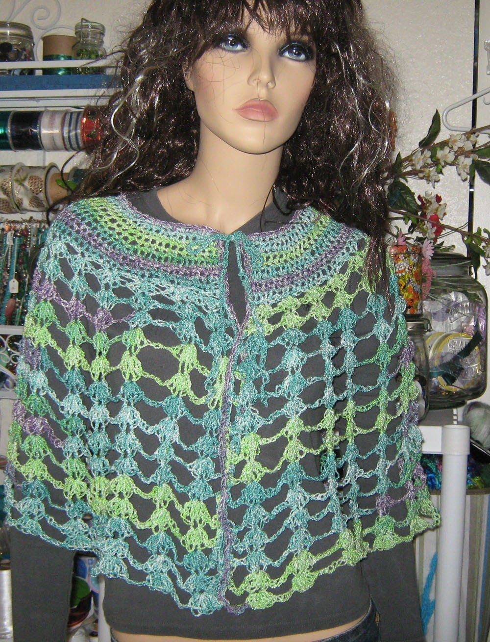 Crocheted Knit Turquoise, Green and Purple Cotton Blend Spring Summer Capelet Free US Shipping