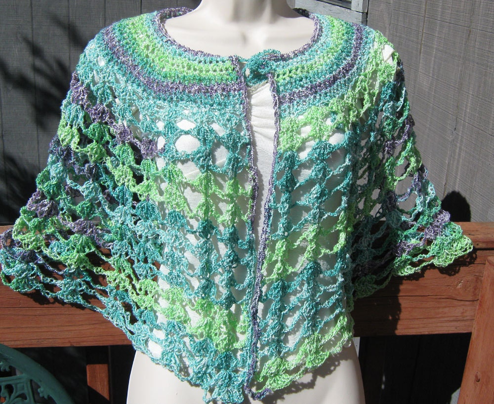 Crocheted Knit Turquoise, Green and Purple Cotton Blend Spring Summer Capelet Free US Shipping