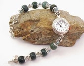 Beaded Bracelet Watch - Moss Agate and Fire Polished Glass Bracelet Watch
