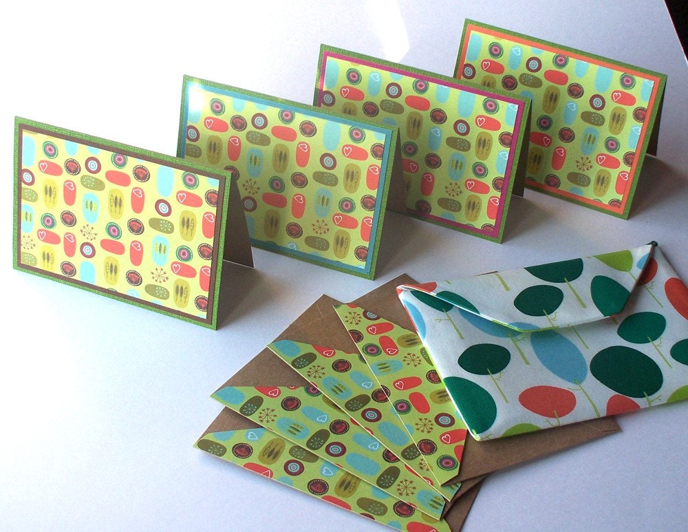 Notecard Set:  4 Blank Eco-Friendly Notecards with Matching Embellished Envelopes, Packaged in a Fabric Envelope - Funky Nature