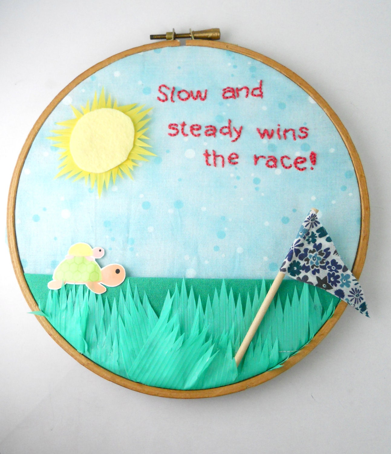 CHILDS HOOP ART- Wall Hanging, Liberty of London pennant flag, Slow and Steady Wins the Race