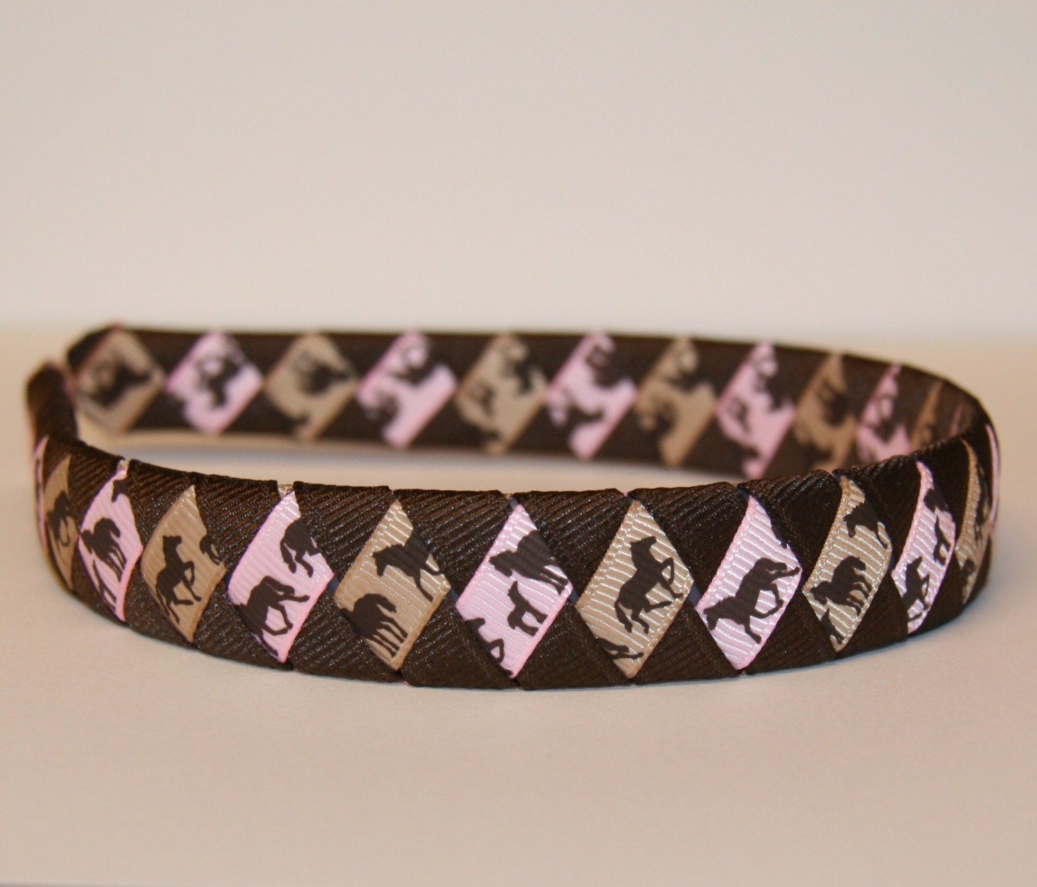 Unique Woven Braided  Headband in Shades of Pink and Brown Horse Pony Theme