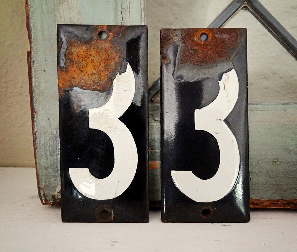 RESERVED FOR M. vintage enamel number or plaque, white on black, from the Netherlands