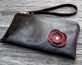 LAST ONE - Leather Wristlet Wallet with detachable strap - Burgundy Poppy on Dark Chocolate