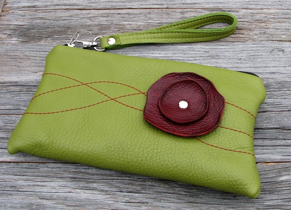 Leather Wristlet Wallet with detachable strap - Burgundy Poppy on Green Grass