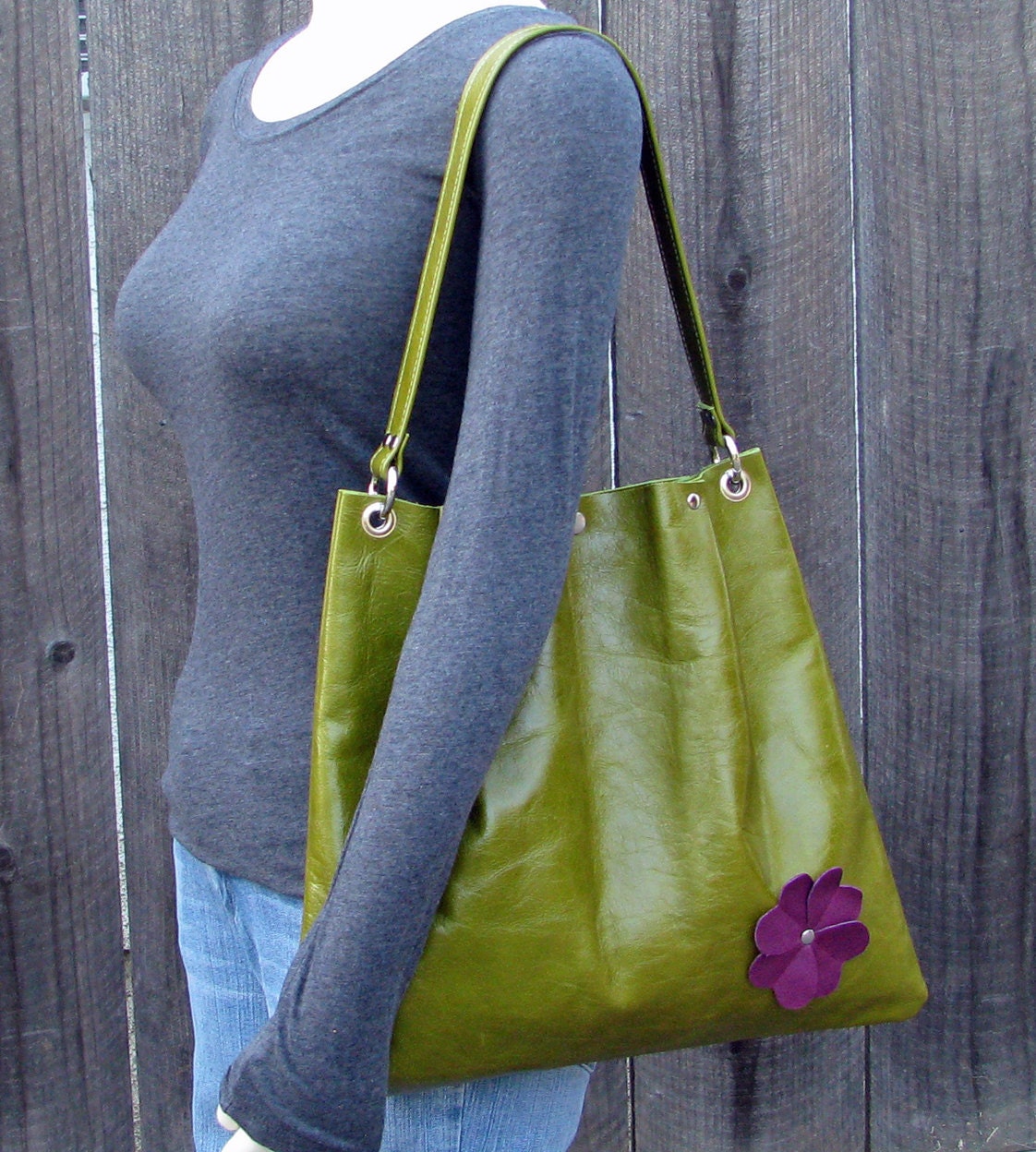 LAST ONE - Leather Pleated Tote Bag  - Large Handbag  - Purple Flower on Distressed Kiwi