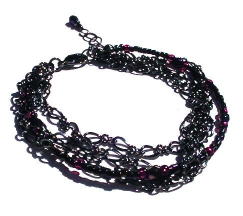 NIGHT Bracelet Black Gunmetal Chains Shimmery Crystal and Beads 5 Strand Dark Sparkler