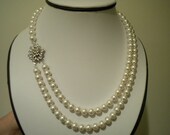 Wedding Necklace Bridal Pearl Necklace, Vintage Style Necklace, Double Strand Pearl Necklace,  Rhinestone and Pearl Necklace. Marie