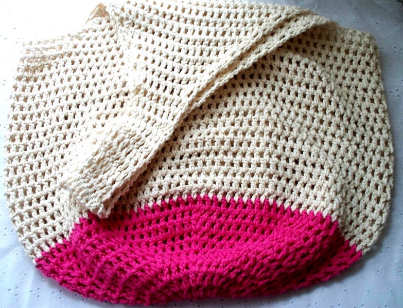 Crochet Beach Bag in Sand and Hot Pink Oversize Crochet Cotton Tote Bag