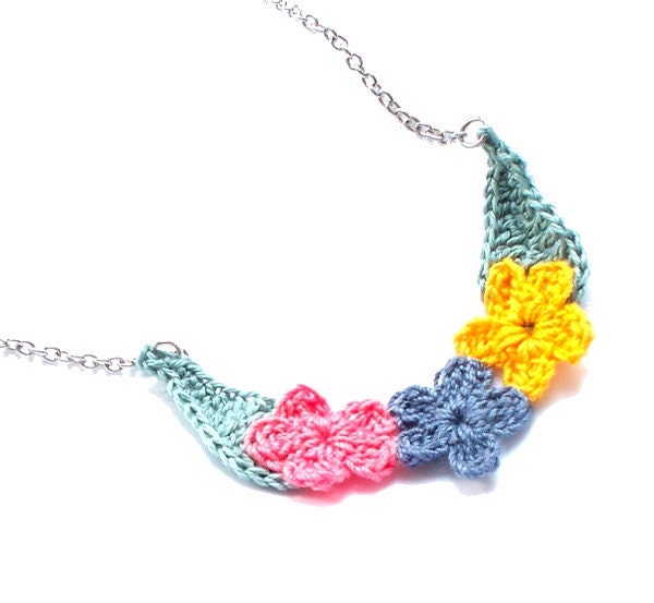 Crochet Flower Necklace in Coral, Yellow, Blue Gray, and Green