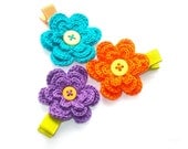 Crochet Flower Hair Clip Set in Orange, Turquiose, Purple
