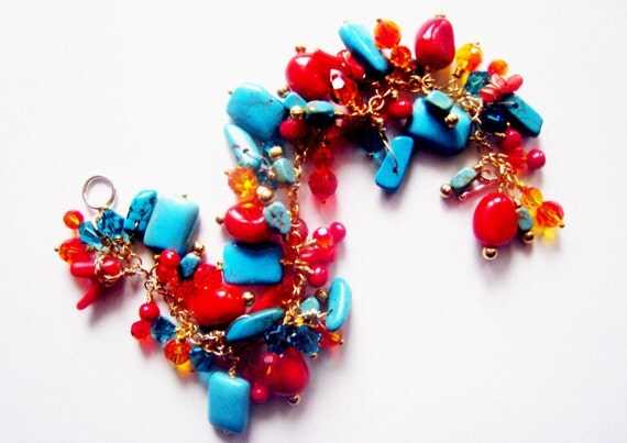 Chunky turquoise bracelet.  Coral gold bracelet.  Gold and crystal charm bracelet.