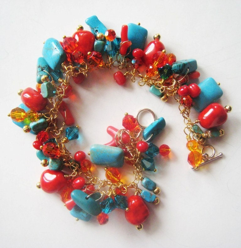 Chunky turquoise bracelet.  Coral gold bracelet.  Gold and crystal charm bracelet.
