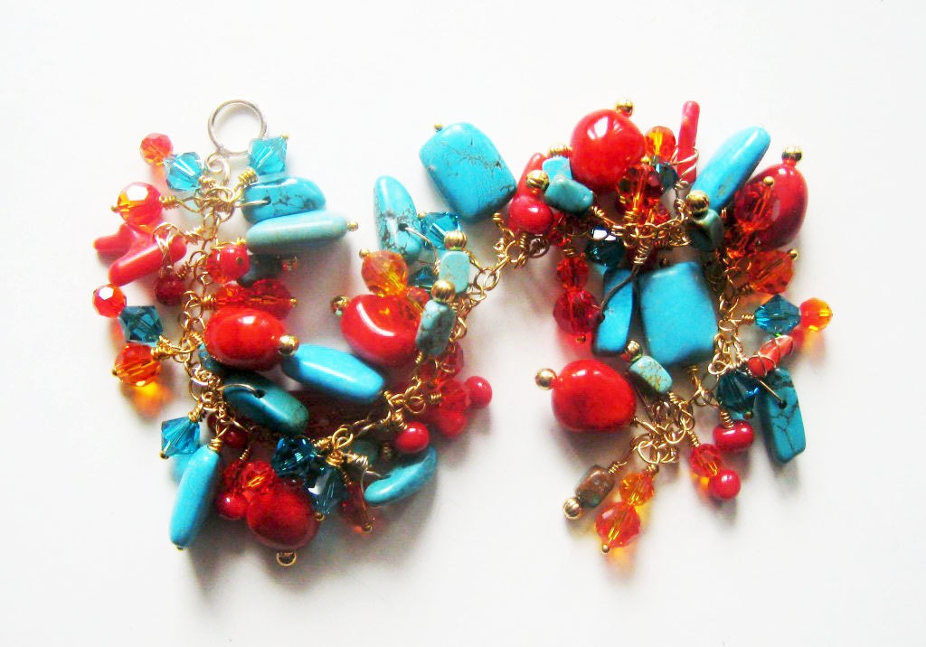 Chunky turquoise bracelet.  Coral gold bracelet.  Gold and crystal charm bracelet.