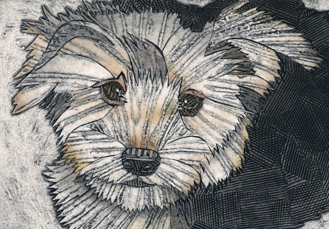 Morkie Puppy Dog Original Fine Art Collograph Print - Truman 1