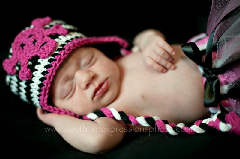 Skull and Crossbones Hat, Black and White Crochet Ear Flap Hat