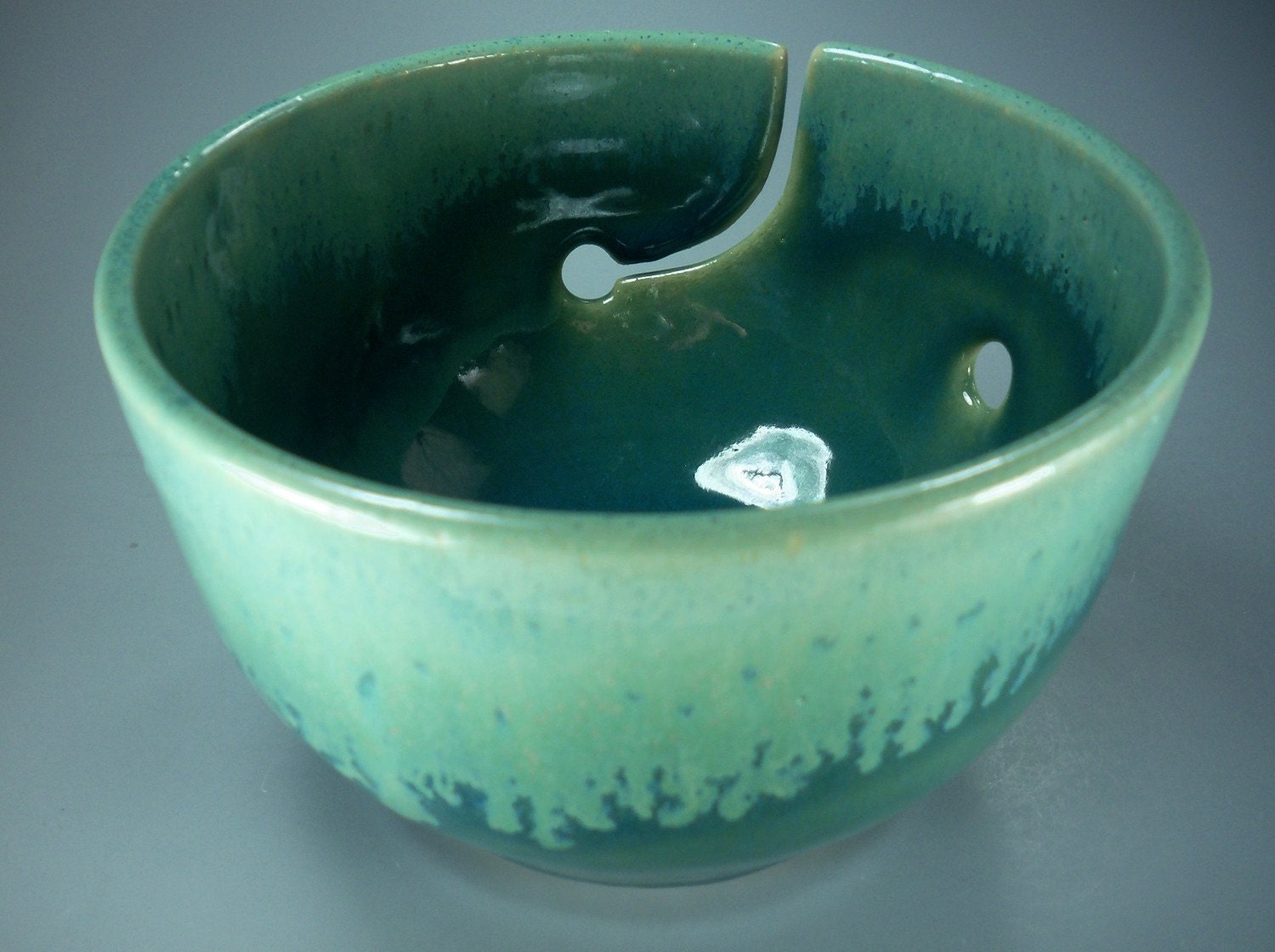 Yarn Bowl, Handmade Stoneware Pottery in Green and Chartreuse, featured in KNITTING TODAY MAGAZINE, Special Order