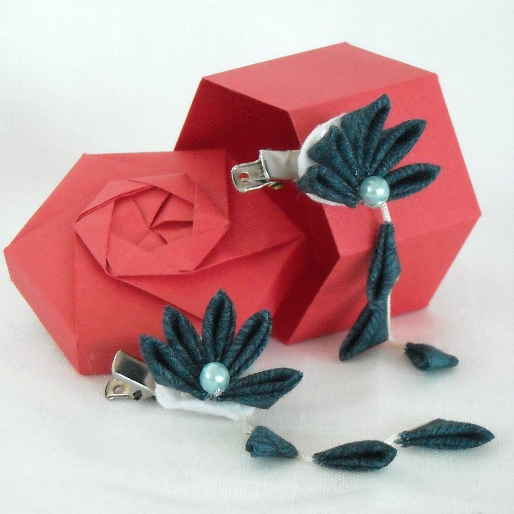 Kanzashi Fabric Flower - Dark Blue - Set of 2 Hairclips