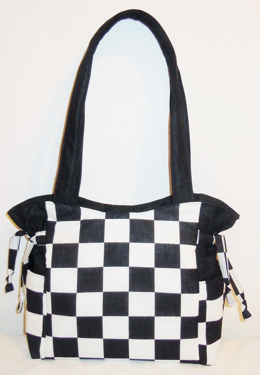Black White Racing Checkered Flag Handbag, Baby Bag, Travel Bag, Purse, Tote