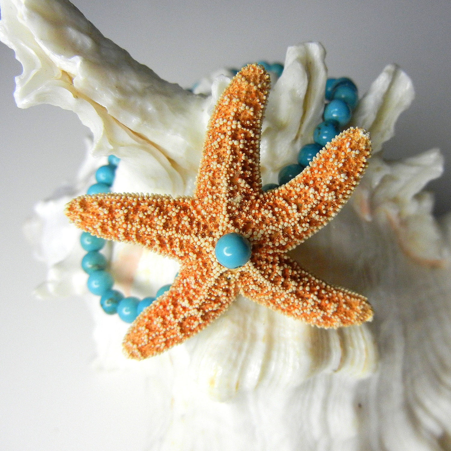 Tropical Star Sugar Starfish and Turquoise Wrist Corsage Bracelet